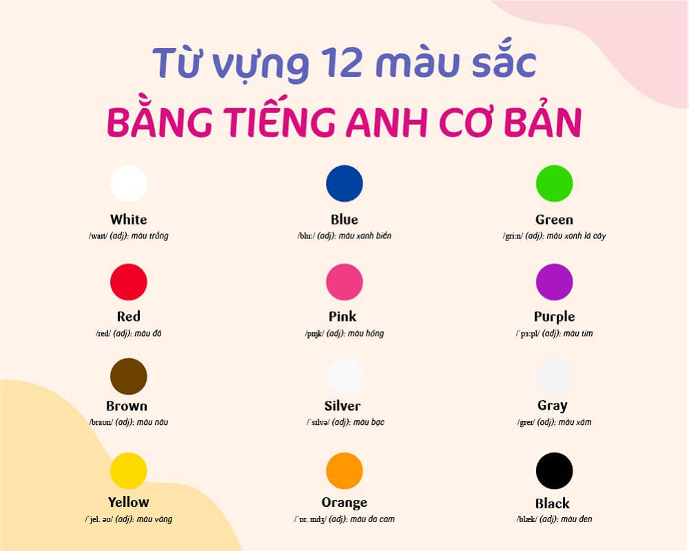 Từ vựng 12 màu sắc tiếng Anh cơ bản
