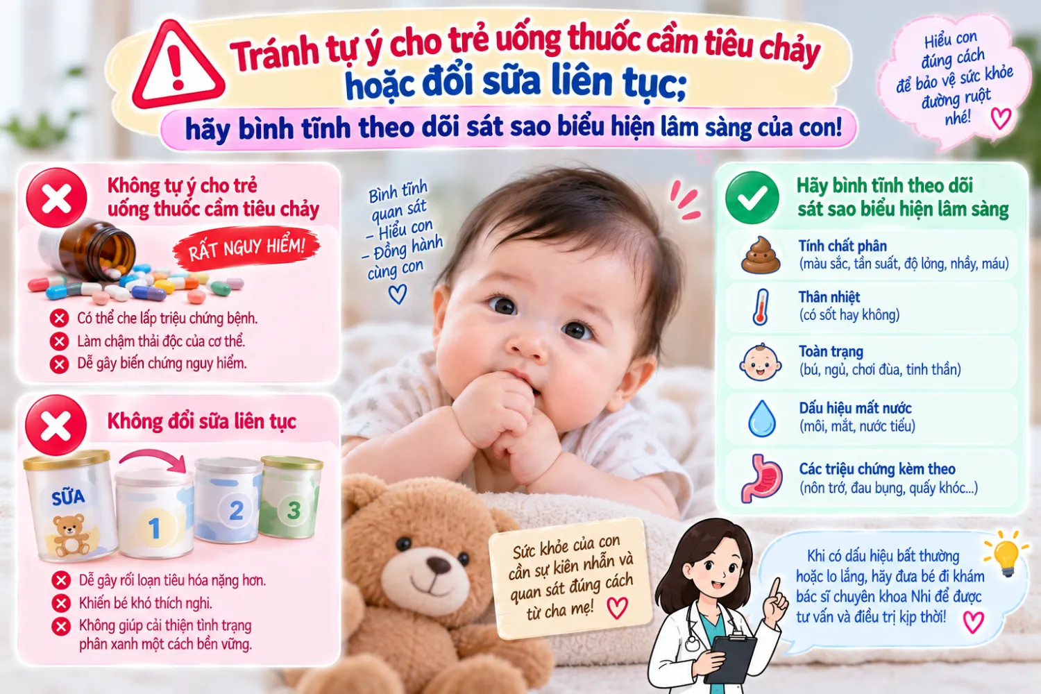 Tránh tự ý cho trẻ uống thuốc cầm tiêu chảy hoặc đổi sữa liên tục; hãy bình tĩnh theo dõi sát sao biểu hiện lâm sàng của con
