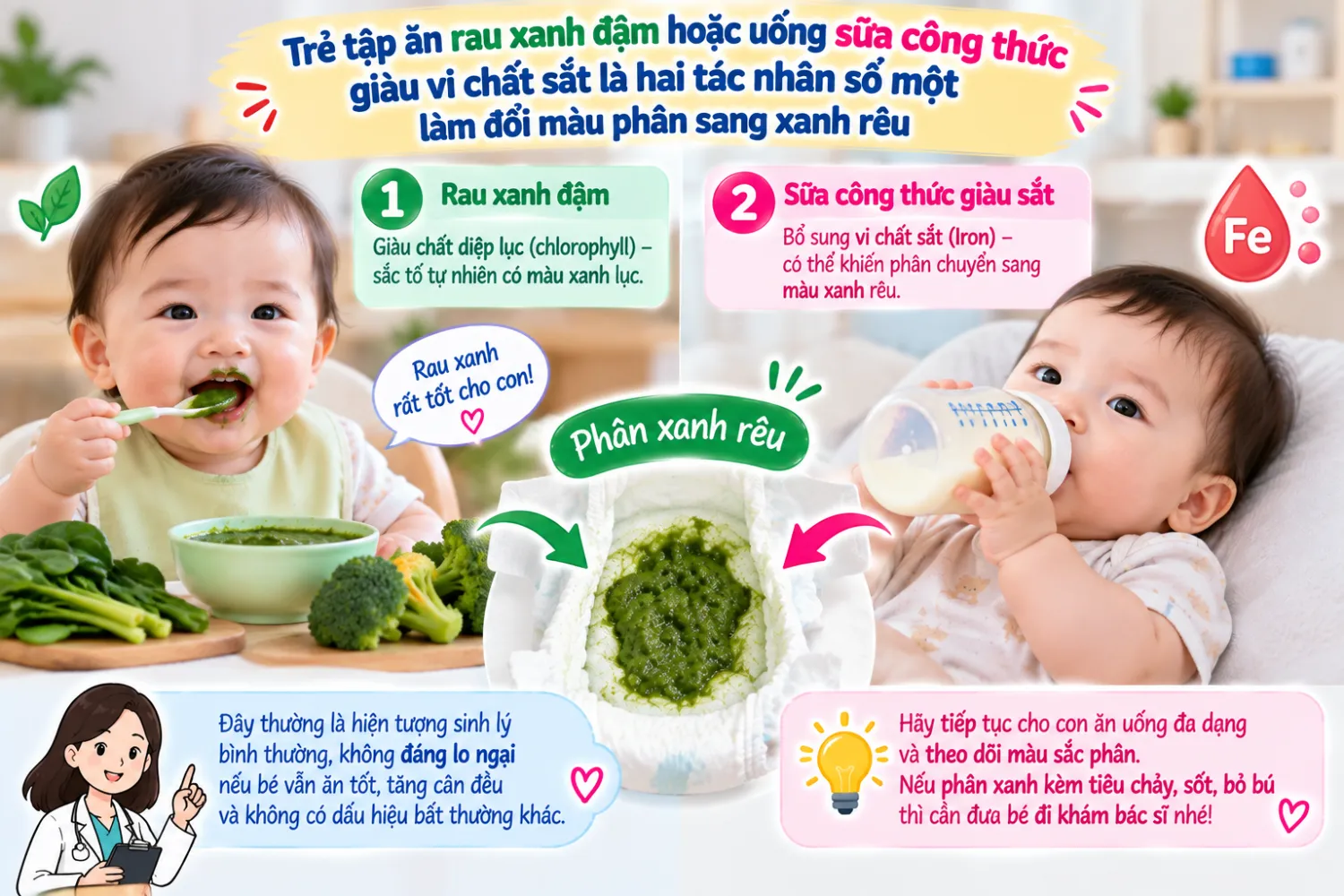 Trẻ tập ăn rau xanh đậm hoặc uống sữa công thức giàu vi chất sắt là hai tác nhân số một làm đổi màu phân sang xanh rêu