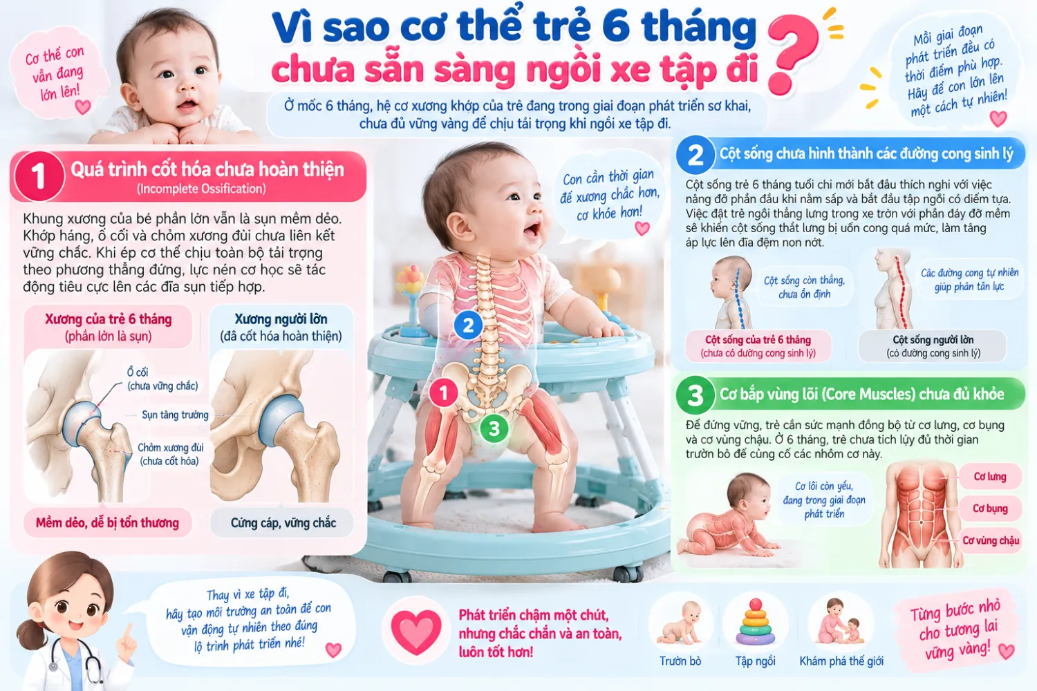 Vì sao cơ thể trẻ 6 tháng chưa sẵn sàng ngồi xe tập đi