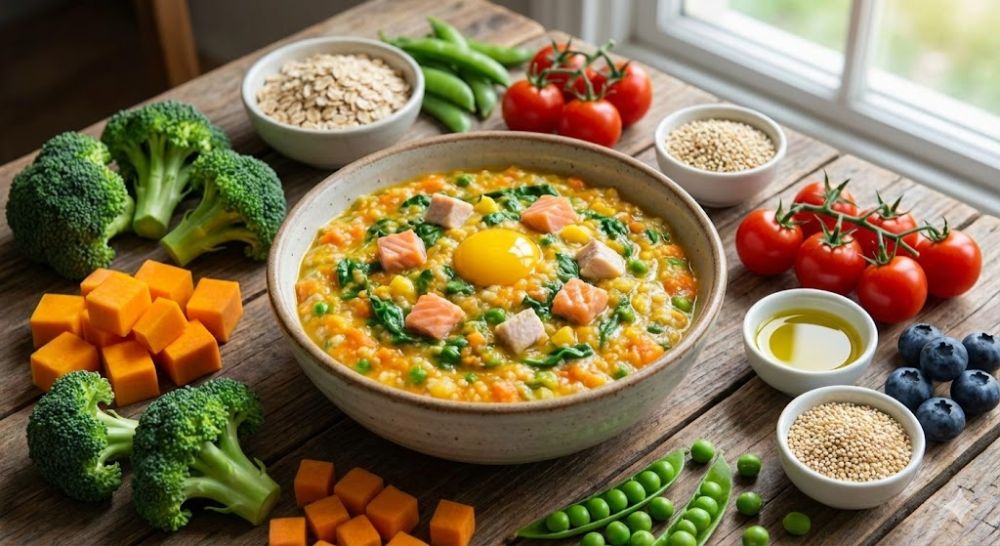 Bát cháo đủ 4 nhóm chất là chìa khóa giúp bé 7 tháng phát triển khỏe mạnh (Ảnh: sưu tầm internet).