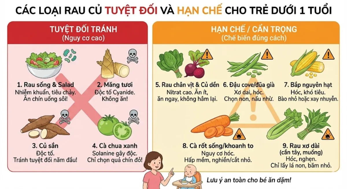 Các loại rau củ tuyệt đối và hạn chế cho trẻ dưới 1 tuổi ăn