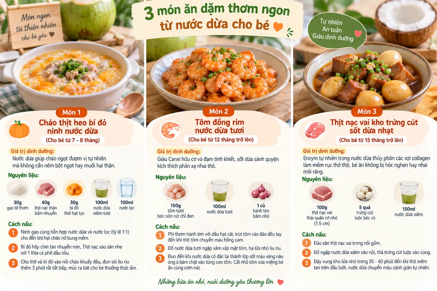 3 món ăn dặm cháo bí đỏ tôm rim thịt kho thơm ngon từ nước dừa