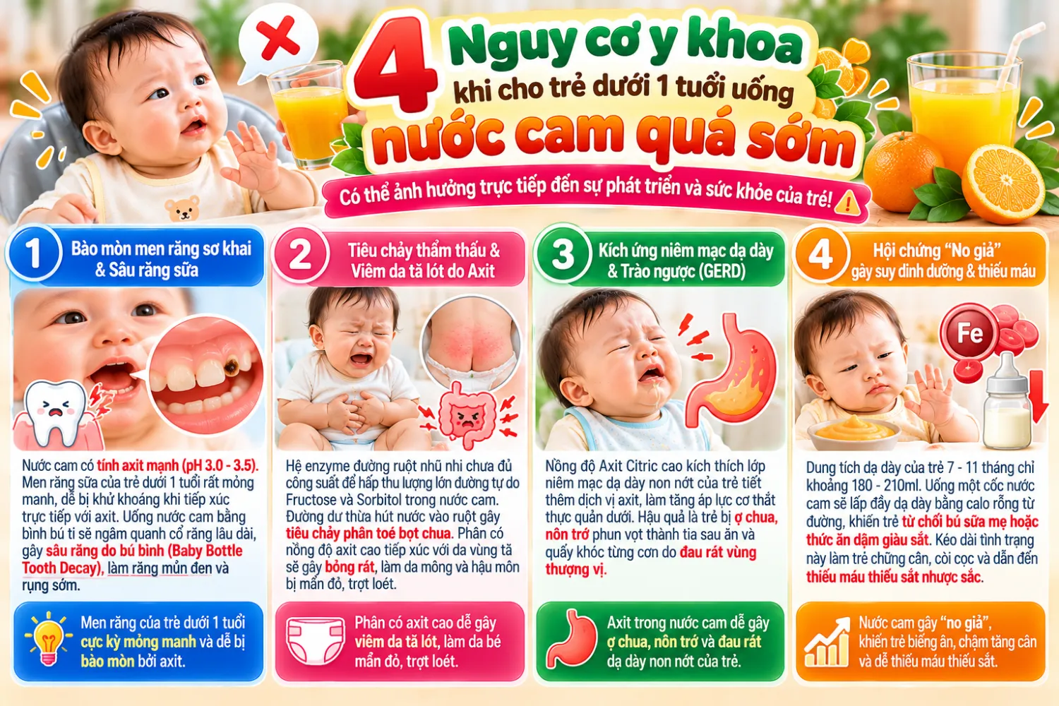 4 Nguy cơ y khoa khi cho trẻ dưới 1 tuổi uống nước cam quá sớm