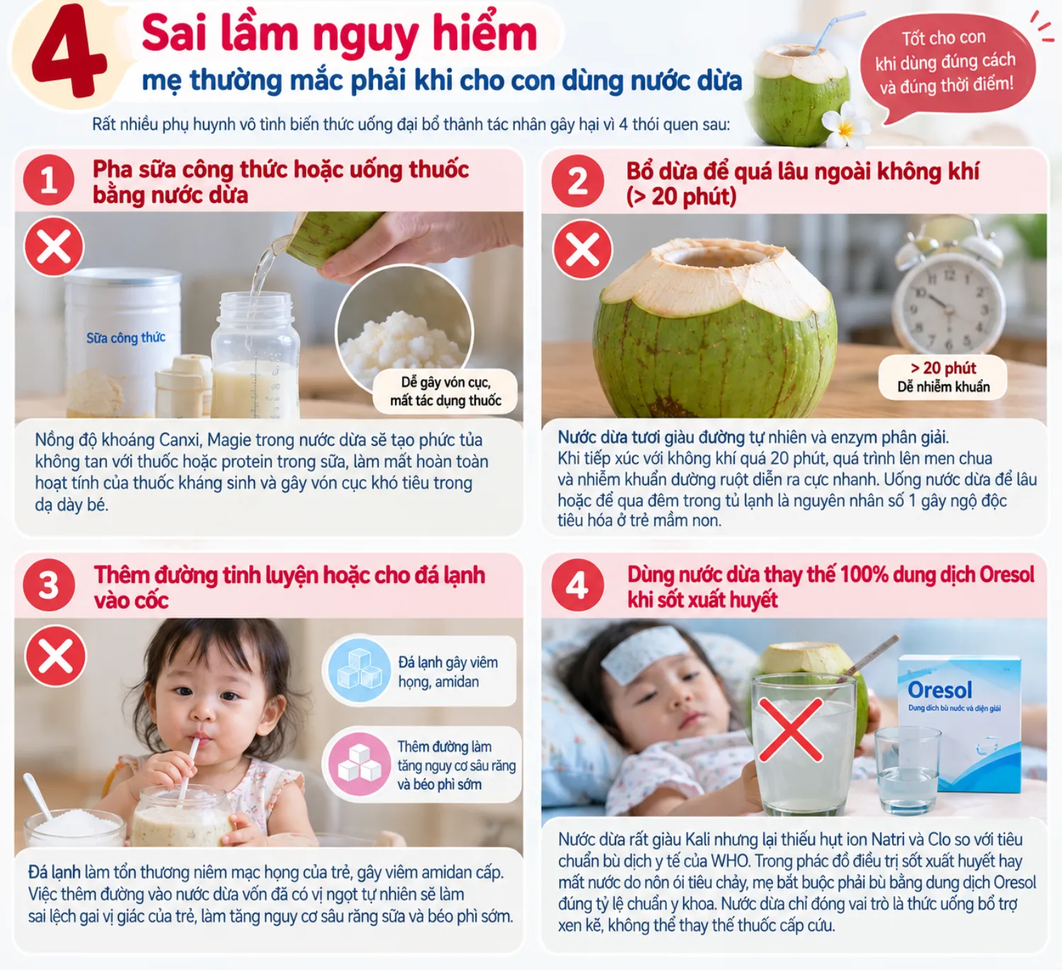 4 Sai lầm nguy hiểm mẹ thường mắc phải khi cho con dùng nước dừa