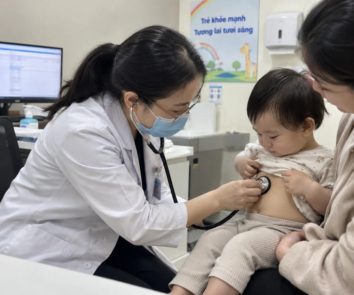 Bác sĩ nhi khoa khám sức khỏe hệ tiêu hóa cho trẻ nhỏ