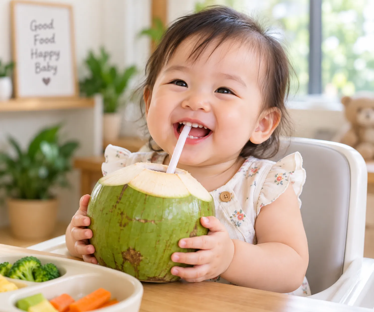 Em bé vui vẻ uống nước dừa tươi nguyên chất