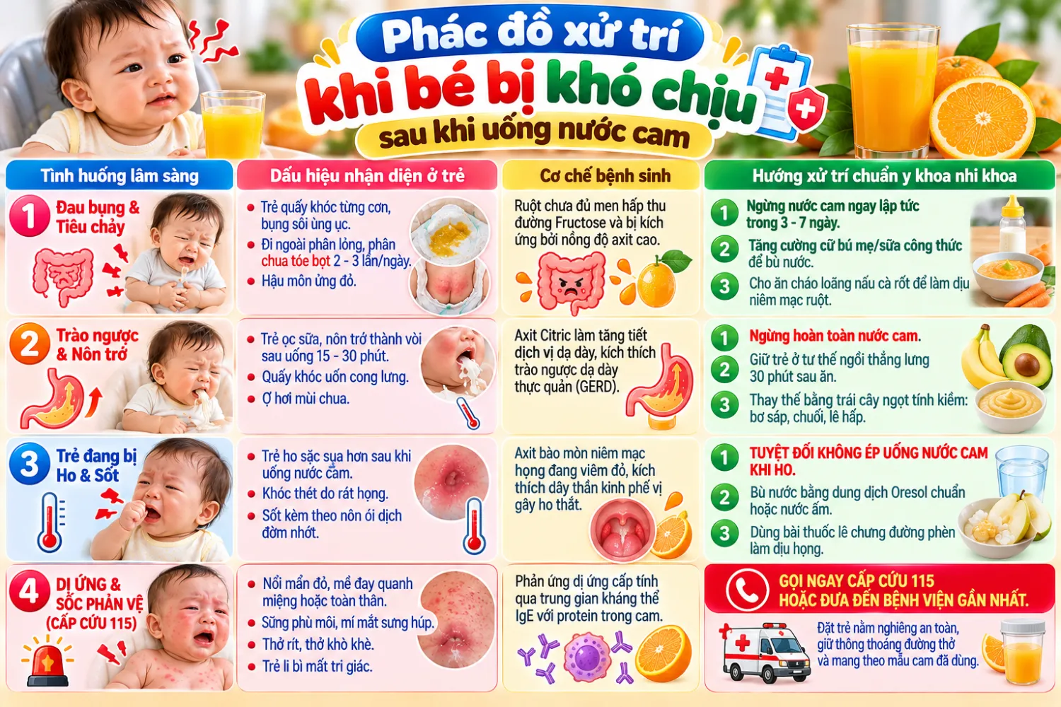 Phác đồ xử trí khi bé bị khó chịu sau khi uống nước cam