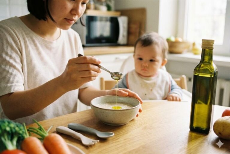 Sử dụng thìa cà phê tiêu chuẩn 5ml giúp mẹ kiểm soát chính xác lượng dầu mỡ cho bé 7 tháng