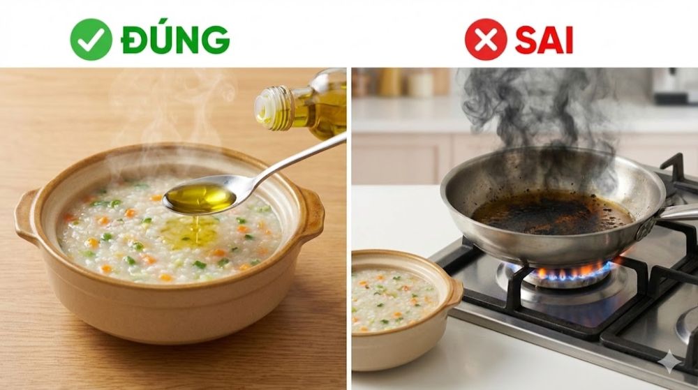 Hãy thêm dầu khi cháo đã nguội bớt để bảo toàn dinh dưỡng cho bé