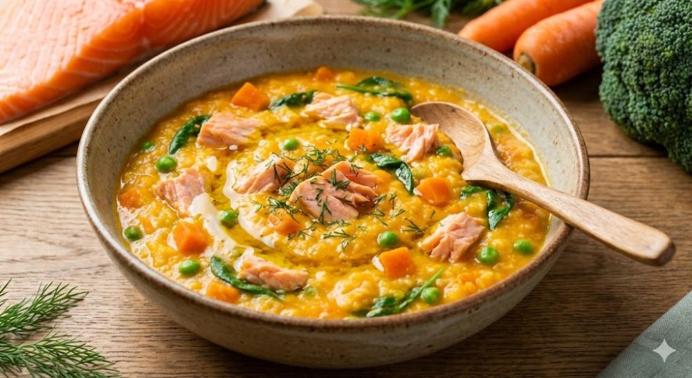 Cá hồi rất tốt nhưng mẹ chỉ nên cho bé ăn 1-2 lần/tuần để tránh đầy bụng.