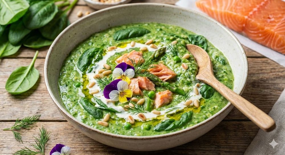 Cháo cá hồi cải bó xôi là thực đơn vàng giúp bé bổ sung Sắt và DHA.