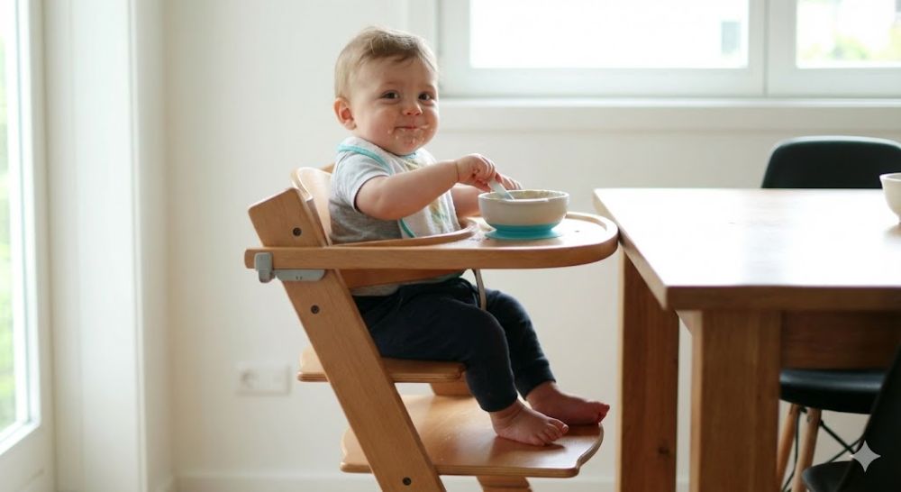 Bé ngồi ăn dặm đúng tư thế trên ghế