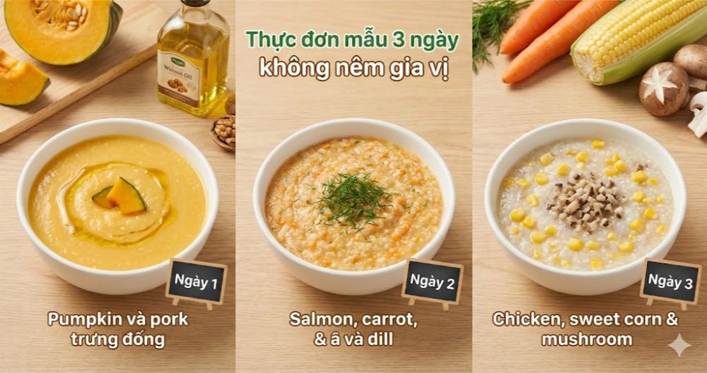 Thực đơn mẫu 3 ngày không gia vị cho bé 7 tháng