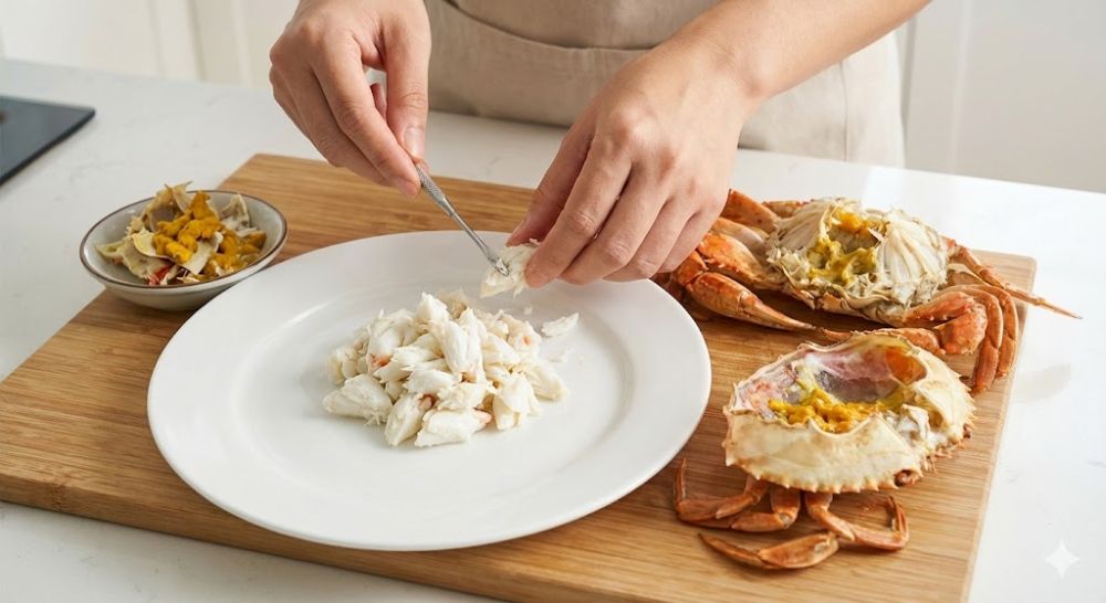 Mẹ nhớ loại bỏ gạch cua, chỉ lấy thịt trắng cho bé dưới 1 tuổi