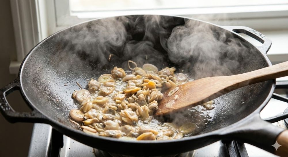 Xào nhanh thịt trai với hành tím giúp khử tanh và giữ thịt mềm ngọt