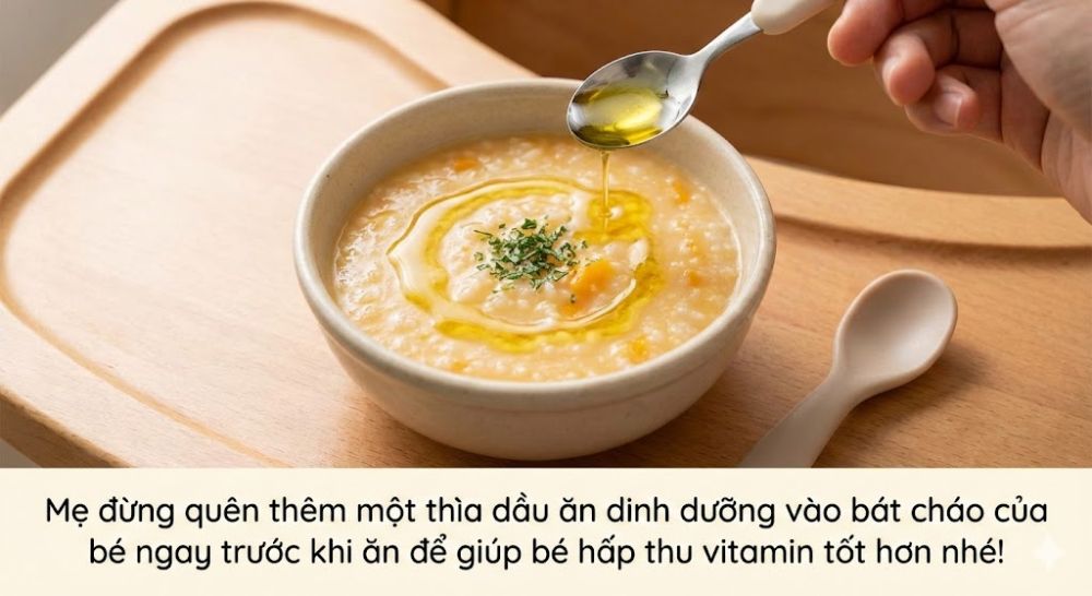 Dầu ăn là dung môi giúp bé hấp thu Vitamin A, D, E, K hiệu quả.