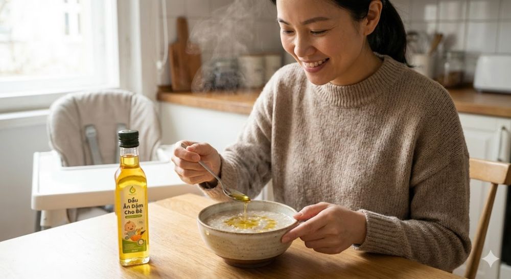 Trộn dầu khi cháo còn ấm giúp giữ trọn vẹn dưỡng chất.