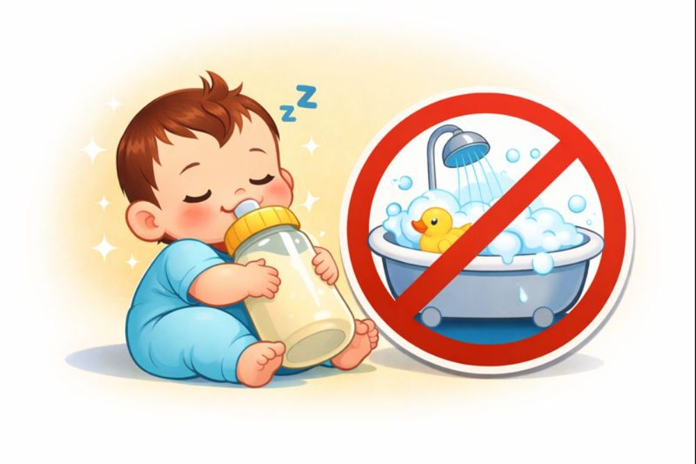 Tuyệt đối không tắm khi bé vừa ăn no để tránh nguy cơ trào ngược dạ dày.