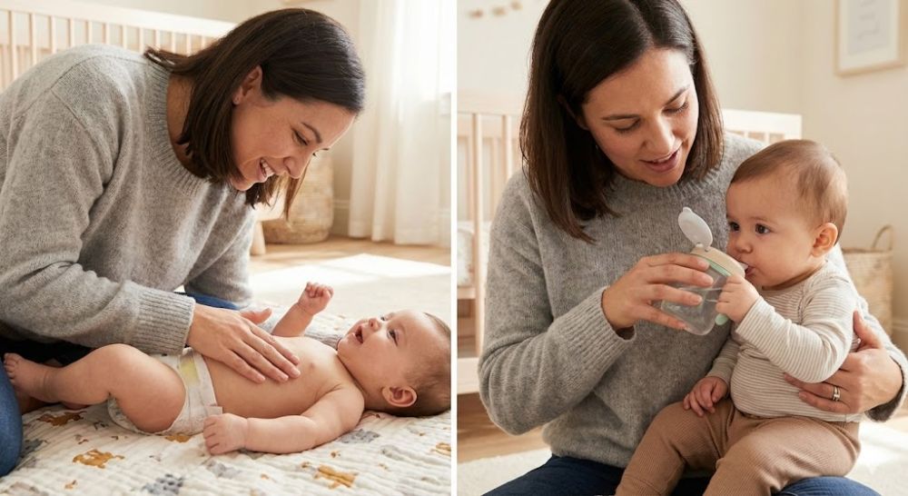 Massage bụng và bổ sung nước là cách giúp bé dễ chịu hơn nếu lỡ bị đầy bụng do ăn nếp.