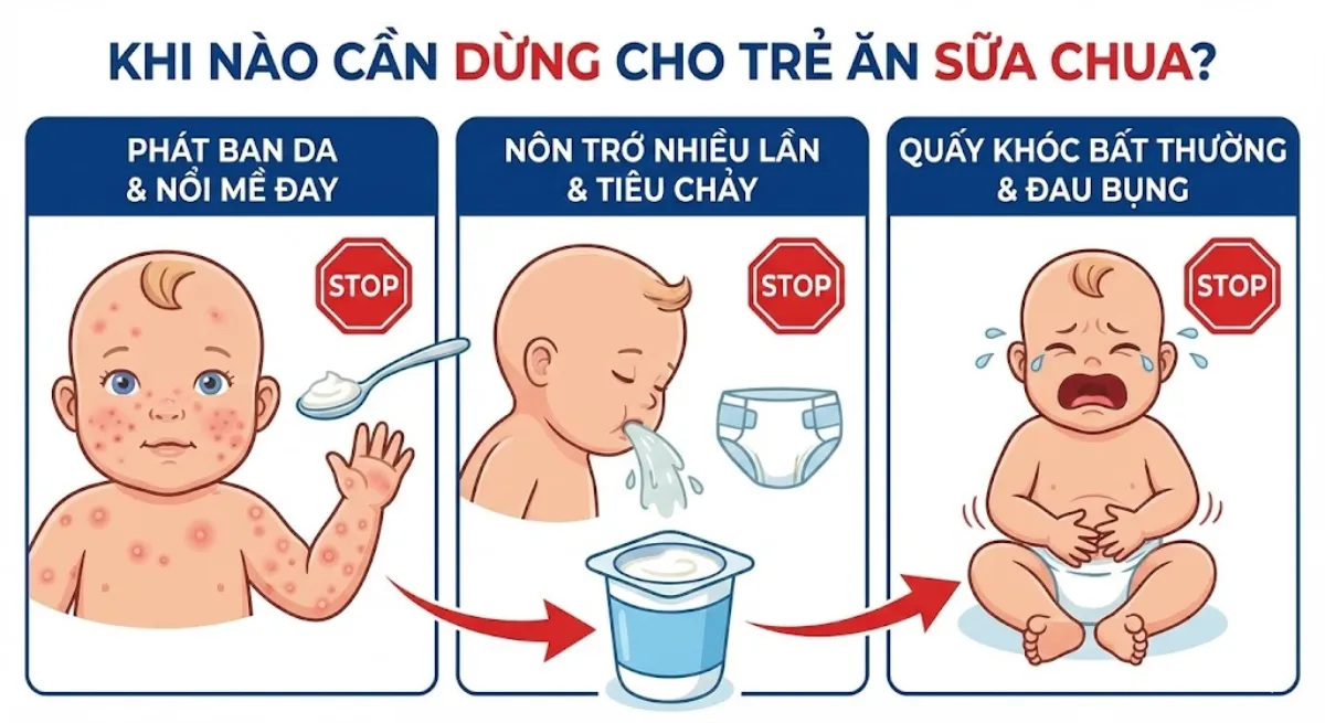 Hãy dừng ngay lập tức nếu bé có các dấu hiệu bất thường trên da hoặc tiêu hóa.