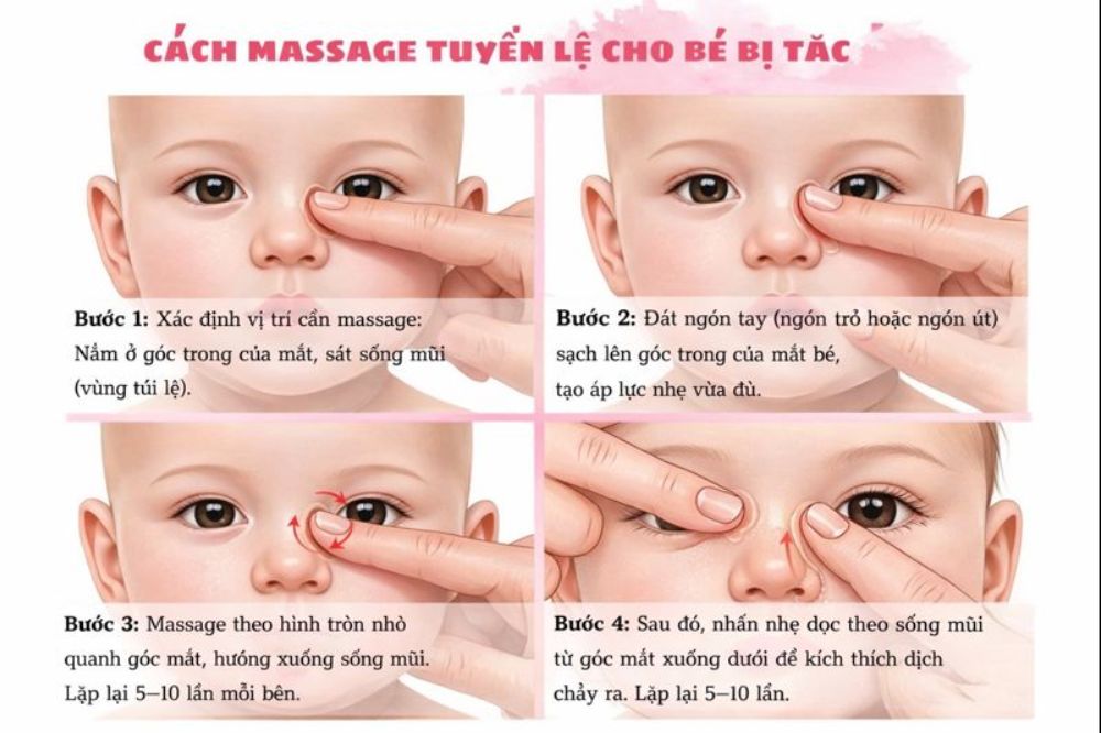Động tác massage day ấn góc mắt giúp thông tắc tuyến lệ hiệu quả cho bé.