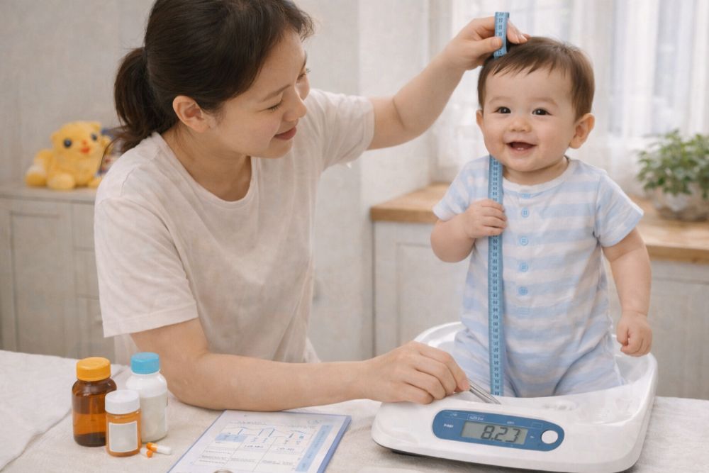 Mẹ cần theo dõi sát sao cân nặng và chiều cao của bé 8 tháng tuổi để kịp thời bổ sung vi chất.