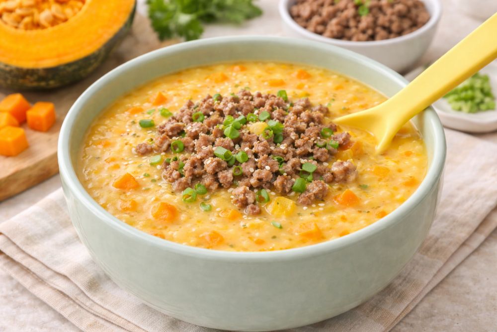 Cháo thịt bò bí đỏ dồi dào sắt và vitamin A, món ăn dặm "chân ái" giúp bé 8 tháng tăng cân vèo vèo.