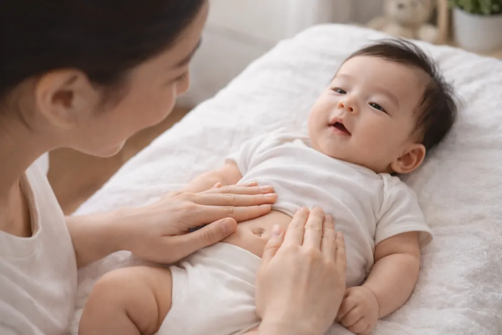Massage bụng theo chiều kim đồng hồ giúp kích thích nhu động ruột, đẩy lùi táo bón cấp tốc cho bé.
