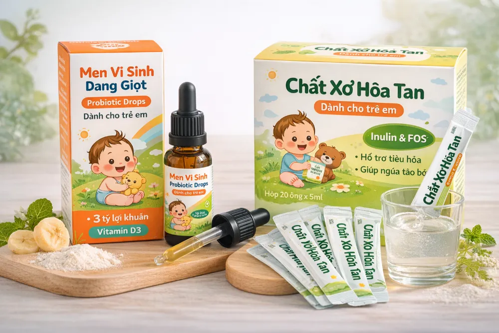 Men vi sinh và chất xơ FOS giúp khôi phục hệ vi sinh đường ruột khỏe mạnh cho trẻ dưới 1 tuổi.