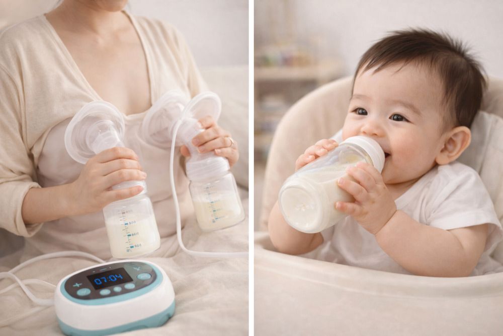 Kết hợp máy hút sữa và bình sữa chống sặc chất lượng giúp mẹ yên tâm đi làm lại.