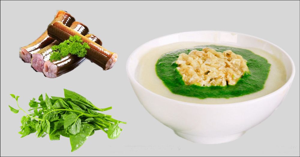 Cháo lươn mồng tơi thái chỉ nhỏ giúp bé dễ nuốt, làm mát hệ tiêu hóa và ngừa táo bón hiệu quả.