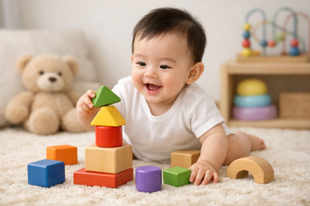 Đồ chơi an toàn giúp bé 8 tháng tuổi phát triển mạnh mẽ về vận động tinh và tư duy logic.