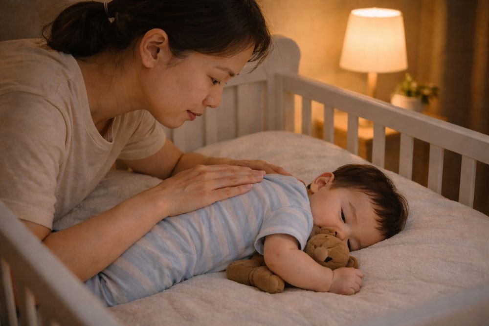 Vỗ về nhẹ nhàng tại giường và sử dụng tiếng ồn trắng giúp xoa dịu cơn khóc thét của trẻ 8 tháng tức thì mà không tạo thói quen xấu.