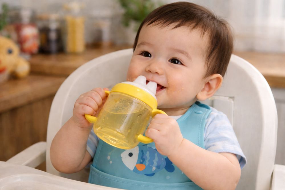 Mẹ nên chọn bình tập uống chống sặc chuyên dụng và kiên nhẫn để trẻ 8 tháng tuổi làm quen với nước lọc mỗi ngày.
