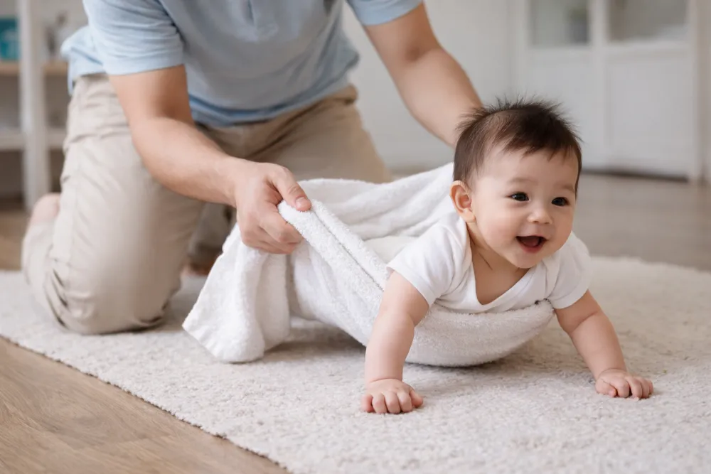 Bài tập "Chiếc khăn nâng bụng" tạo điểm tựa an toàn, giúp bé làm quen với trọng lượng cơ thể.