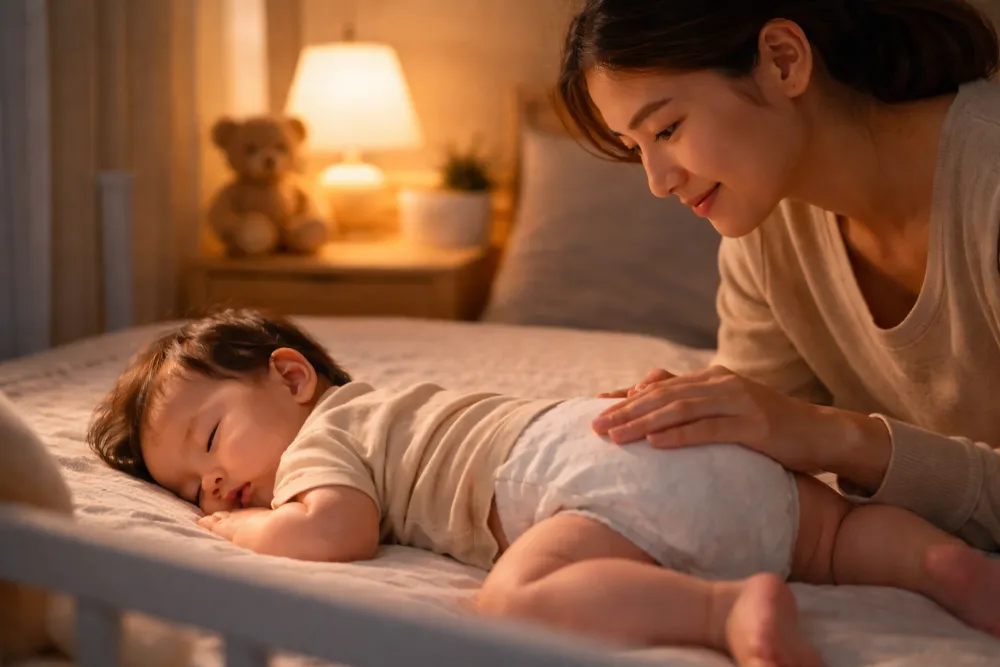 Vỗ về nhẹ nhàng và áp dụng nút chờ giúp bé 9 tháng dễ dàng quay lại giấc ngủ.