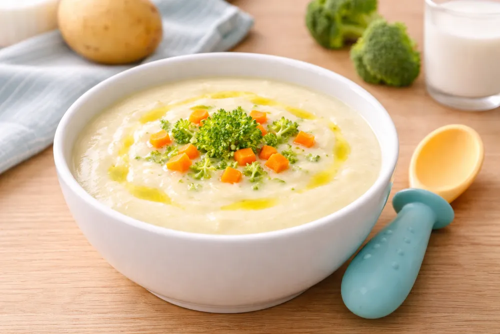 Đun sôi kỹ sữa tươi khi nấu súp giúp bẻ gãy chuỗi đạm khó tiêu, bảo vệ dạ dày non nớt của bé 9 tháng tuổi.