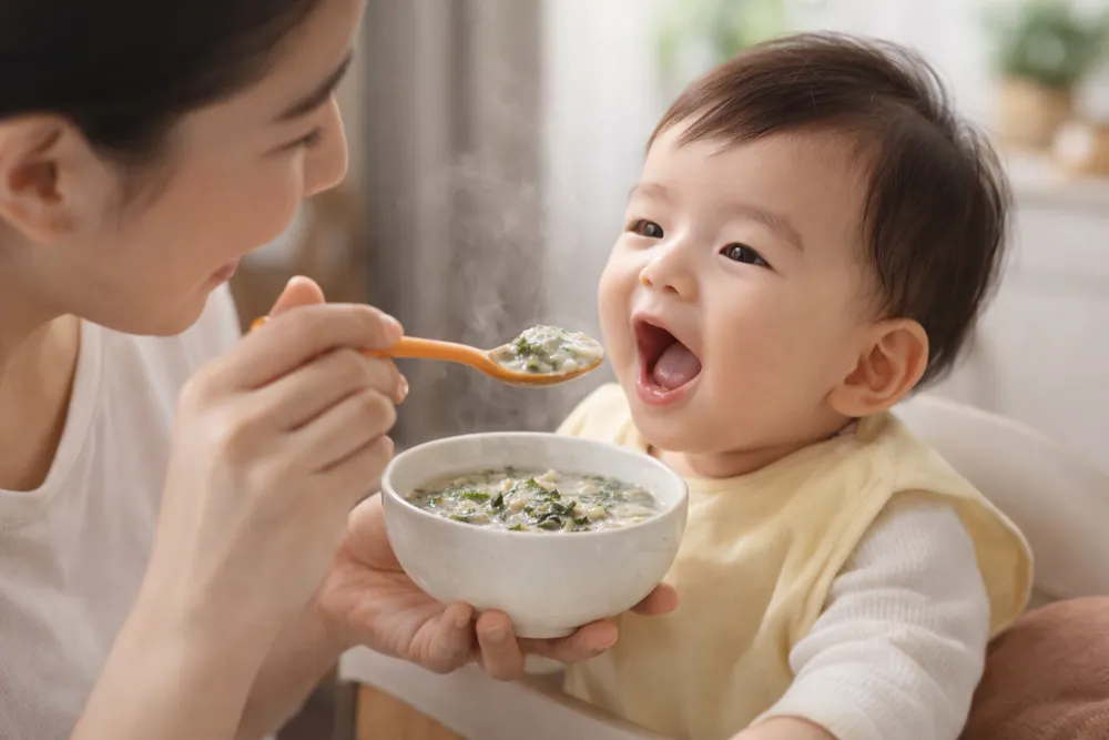 Cho bé ăn cháo tía tô khi còn ấm nóng giúp toát mồ hôi, giải cảm và phục hồi sức khỏe nhanh chóng.