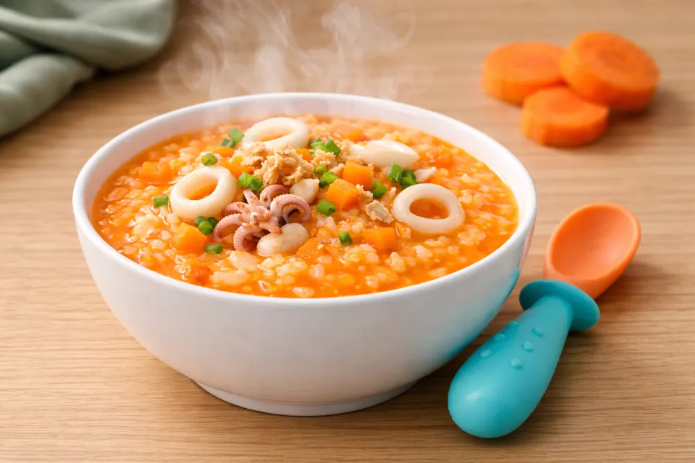 Cháo mực cà rốt giàu Vitamin A, màu sắc bắt mắt kích thích trẻ ăn ngon miệng