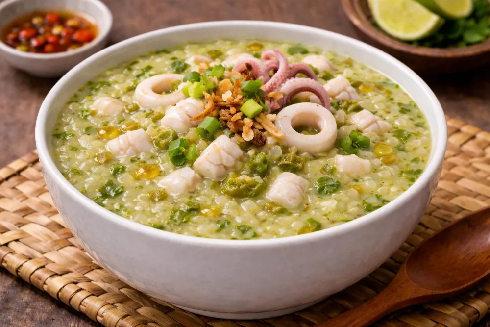 Cháo mực đậu xanh cung cấp nguồn đạm kép dồi dào, giúp trẻ tăng cân vững chắc.