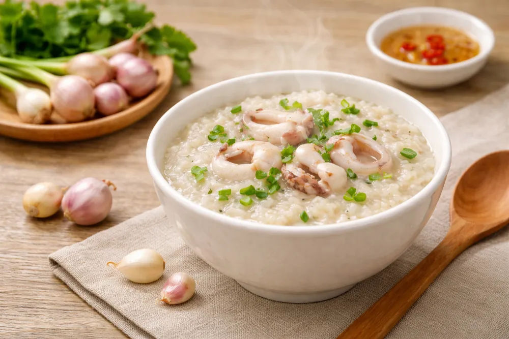 Cháo mực hành tăm là vũ khí bảo vệ sức khỏe hệ hô hấp của bé cực kỳ hiệu quả.