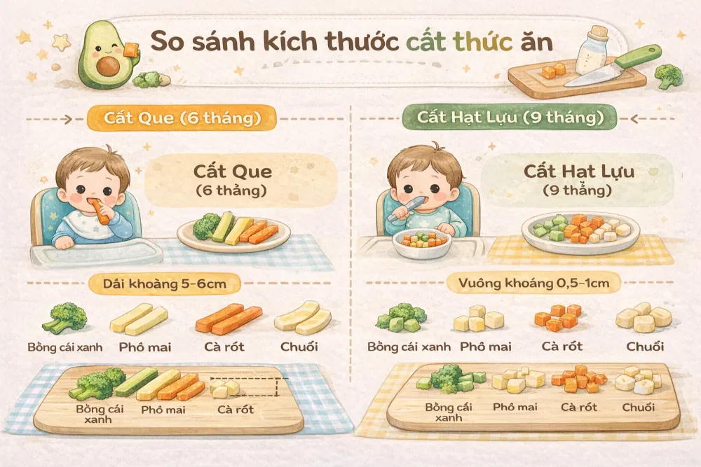 Bảng hướng dẫn trực quan so sánh kích thước cắt thức ăn dạng que (6 tháng) và cắt hạt lựu (9 tháng)