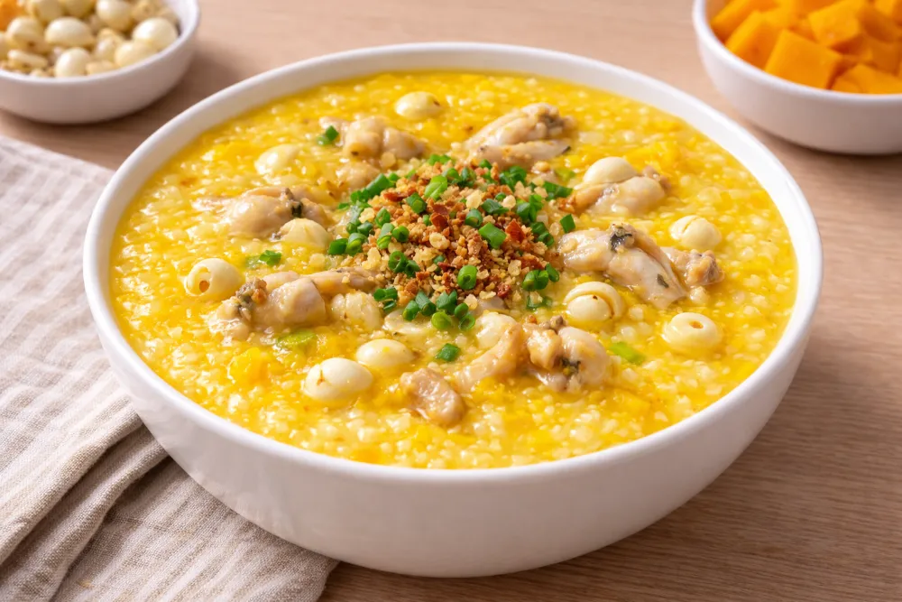 Cháo ếch nấu cùng bí đỏ có độ sánh mịn và màu sắc bắt mắt giúp kích thích vị giác của trẻ.