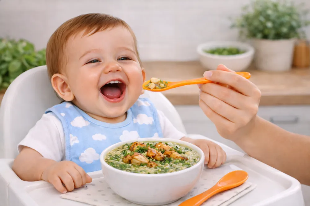 Bé ngồi vững và nuốt tốt là dấu hiệu sẵn sàng thử thêm đạm mới như thịt ếch.