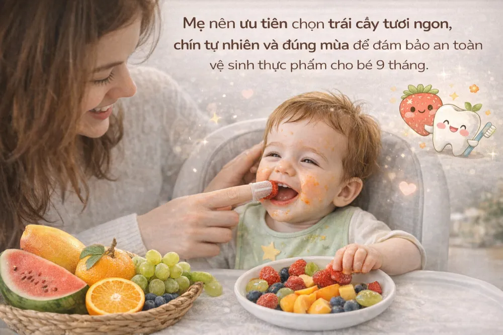 Mẹ nên ưu tiên chọn trái cây tươi ngon, chín tự nhiên và đúng mùa để đảm bảo an toàn vệ sinh thực phẩm cho bé 9 tháng.