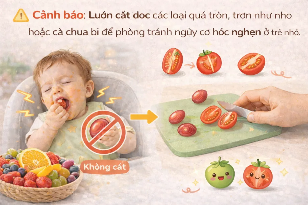 Cảnh báo: Luôn cắt dọc các loại quả tròn, trơn như nho hoặc cà chua bi để phòng tránh nguy cơ hóc nghẹn ở trẻ nhỏ.