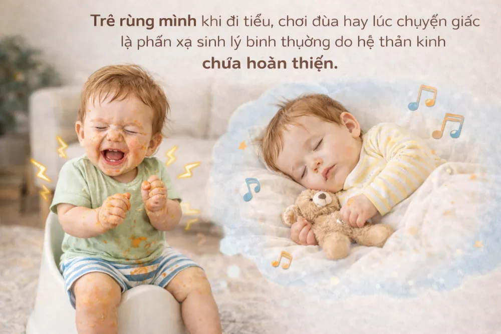 Trẻ rùng mình khi đi tiểu, chơi đùa hay lúc chuyển giấc là phản xạ sinh lý bình thường do hệ thần kinh chưa hoàn thiện.