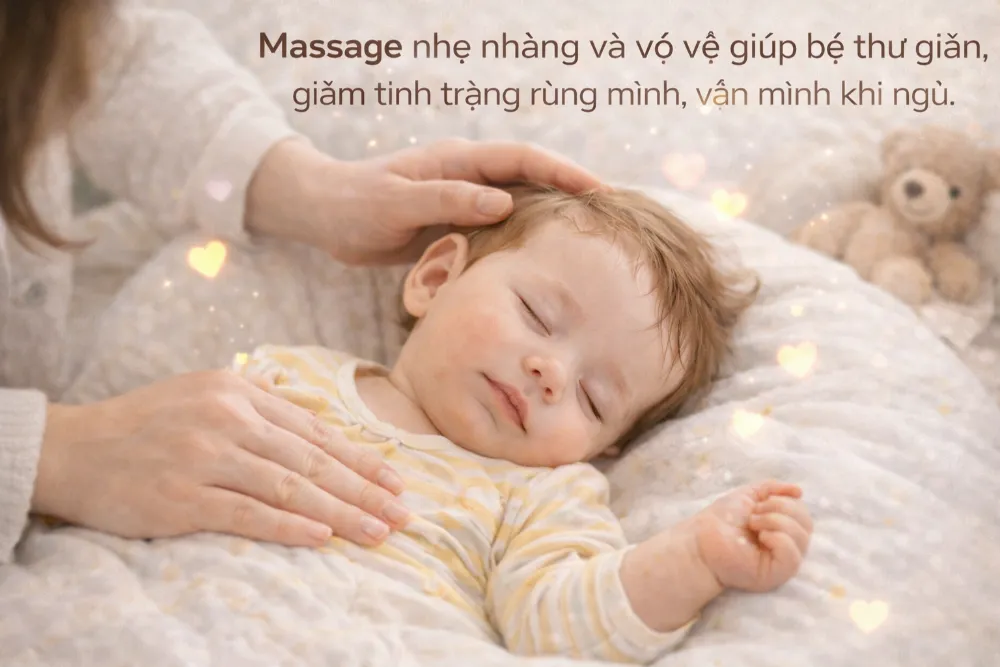 Massage nhẹ nhàng và vỗ về giúp bé thư giãn, giảm tình trạng rùng mình, vặn mình khi ngủ.