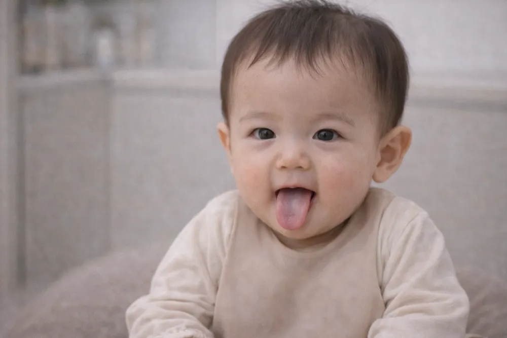 Trẻ 9 tháng thè lưỡi thường do ngứa nướu trong giai đoạn mọc răng hoặc đang khám phá thế giới xung quanh.